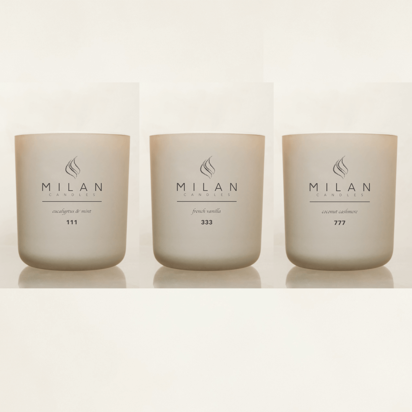 Three Milan candles with the numbers 111, 333, 777 on a neutral background